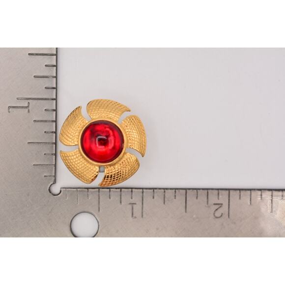 Sarah Cov Vintage Flower Red Cabochon Earrings Post Gold SC Signed 1980s BinAZ - Picture 12 of 12